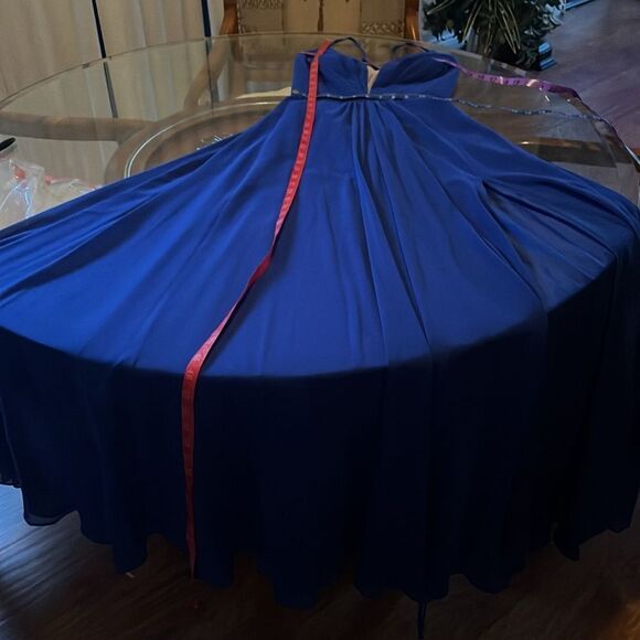 Betsy & Adam Blue Prom Gown Sz 8 VNeck Spaghetti Straps Tie Backless Pleated - Picture 13 of 15